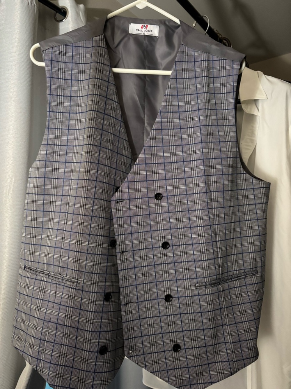 Paul Jones Men's Gray Plaid Double-Breasted Vest with Blue Windowpane